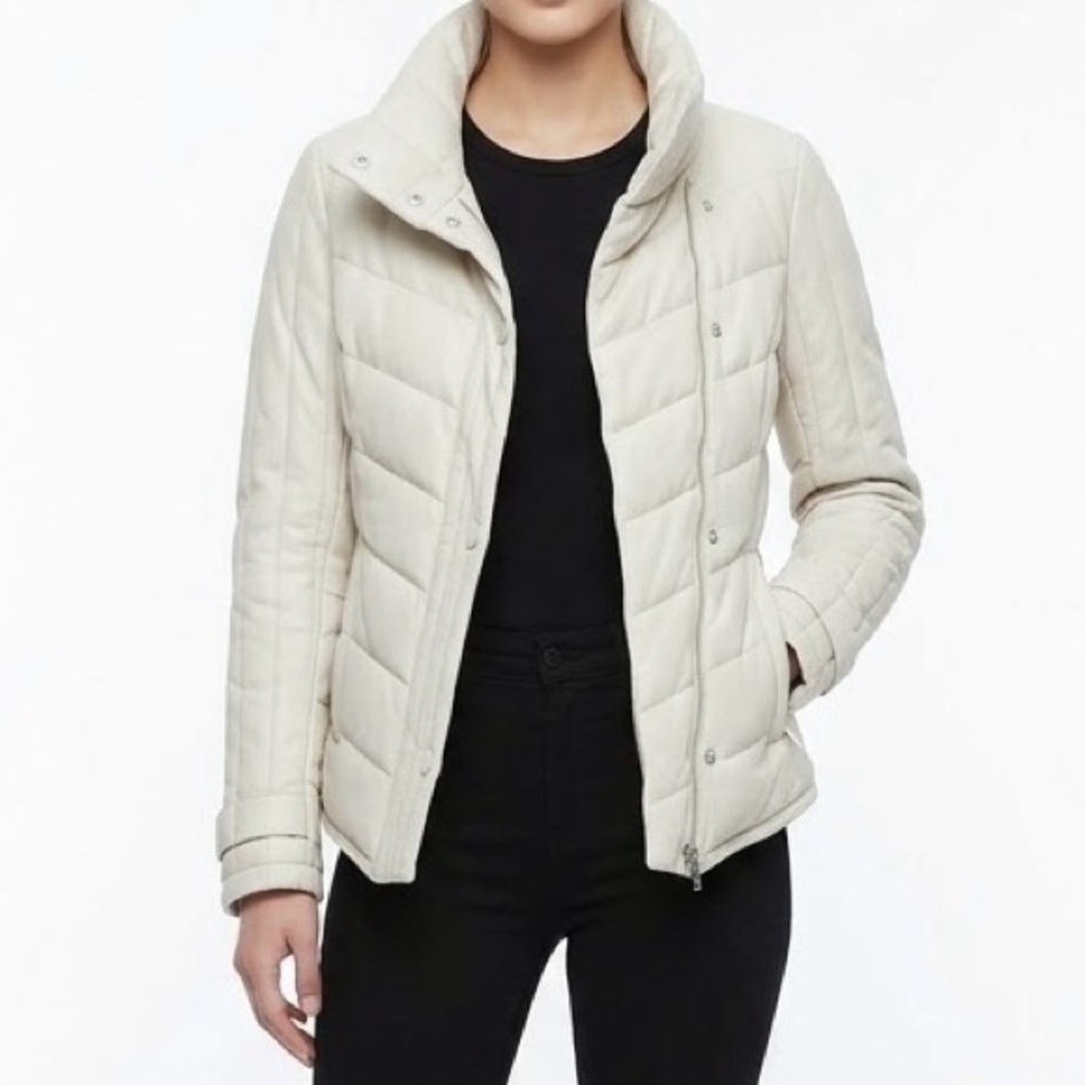 DANIER Leather Goose Down Puffer Asymmetric Funnel Neck Jacket Bomber Coat